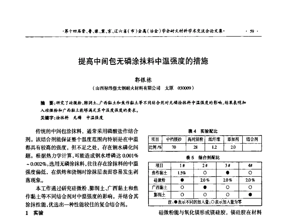 提高中间包无磷涂抹料中温强度的措施 - 第十四届晋、鲁、豫、冀、京、辽六省(市)金属(冶金)学会耐火材料学术交流会