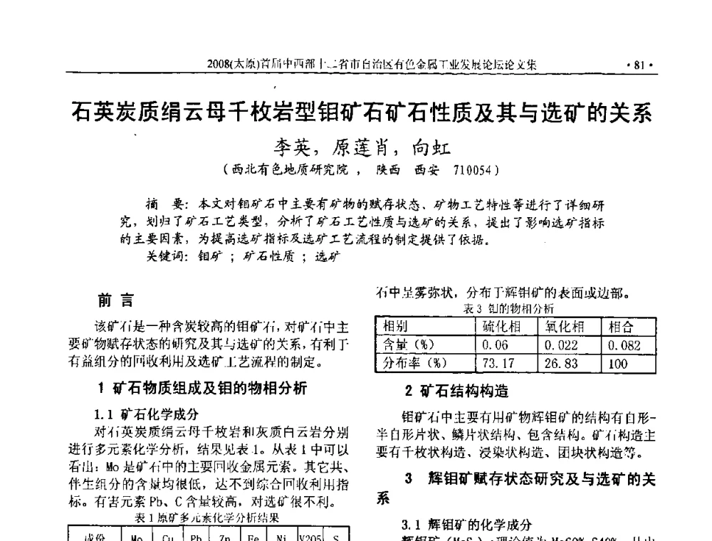石英炭质绢云母千枚岩型钼矿石矿石性质及其与选矿的关系 - 2008首届中西部十二省市自治区有色金属工业发展论坛