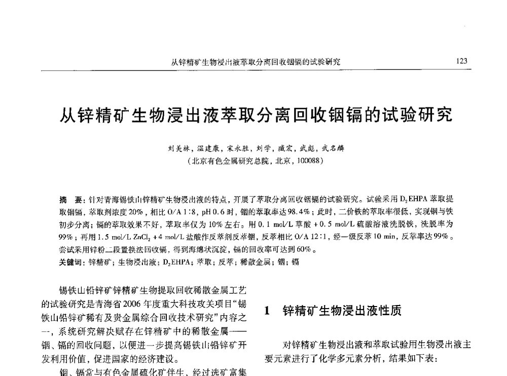 从锌精矿生物浸出液萃取分离回收铟镉的试验研究 - 中国有色金属学会第八届学术年会