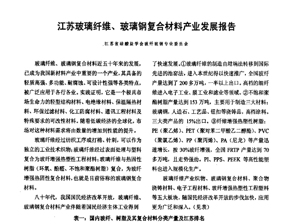 江苏玻璃纤维、玻璃钢复合材料产业发展报告 - 第四届玻璃钢市场和技术发展高层论坛