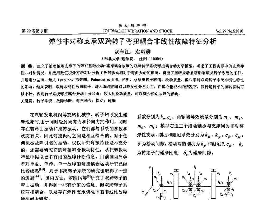弹性非对称支承双跨转子弯扭耦合非线性故障特征分析 - 第9届全国转子动力学学术讨论会ROTDYN’2010