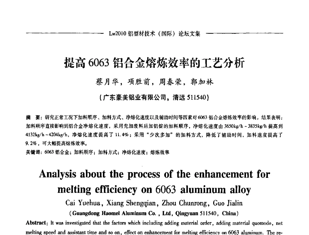 提高6063铝合金熔炼效率的工艺分析 - Lw2010第四届铝型材技术(国际)论坛