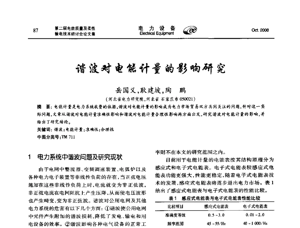 谐波对电能计量的影响研究 - 第二届电能质量及柔性输电技术研讨会