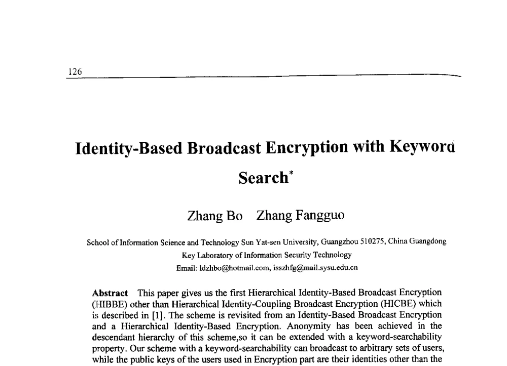 带有关键字搜索的基于身份的广播加密 - 中国密码学会2009年会