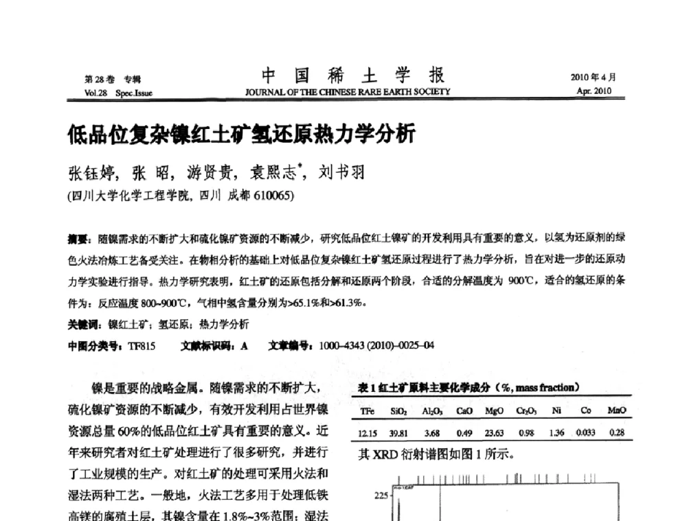 低品位复杂镍红土矿氢还原热力学分析 - 2010年全国冶金物理化学学术会议