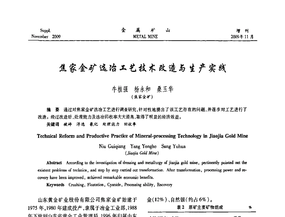 焦家金矿选冶工艺技术改造与生产实践 - 2009年金属矿产资源高效选冶加工利用和节能减排技术及设备学术研讨会