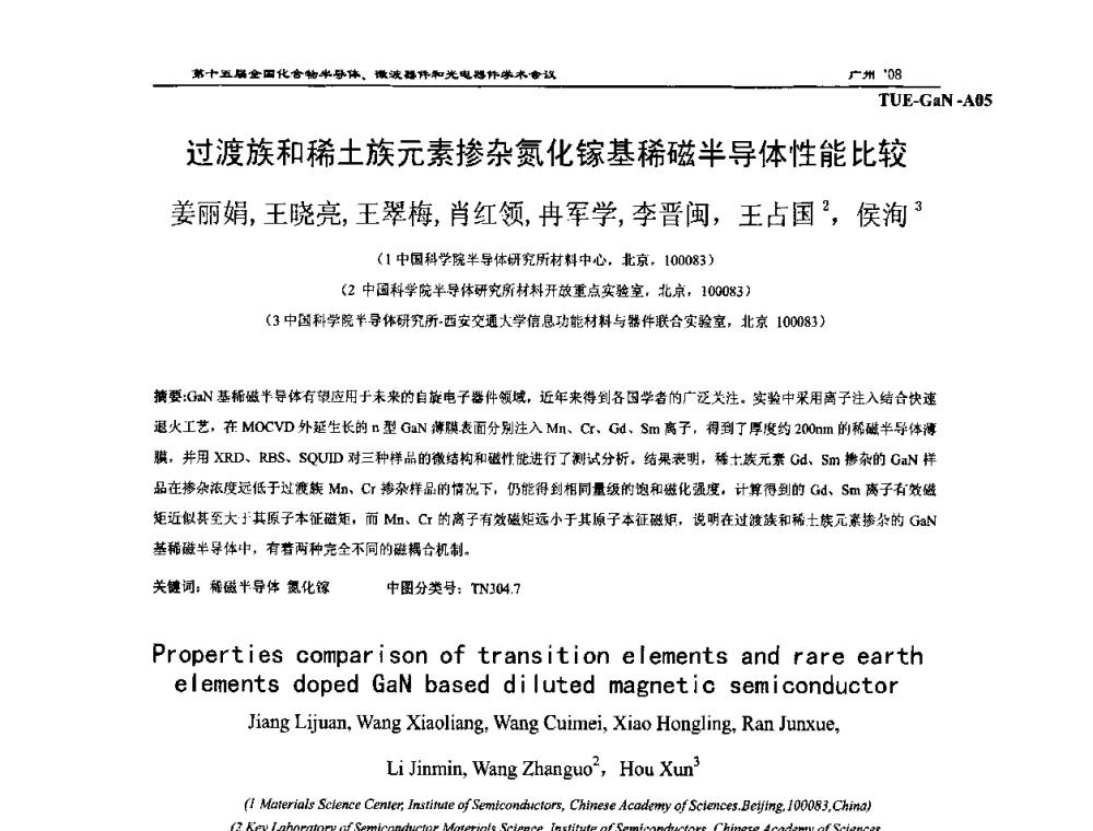 过渡族和稀土族元素掺杂氮化镓基稀磁半导体性能比较 - 第十五届全国化合物半导体材料、微波器件和光电器件学术会议
