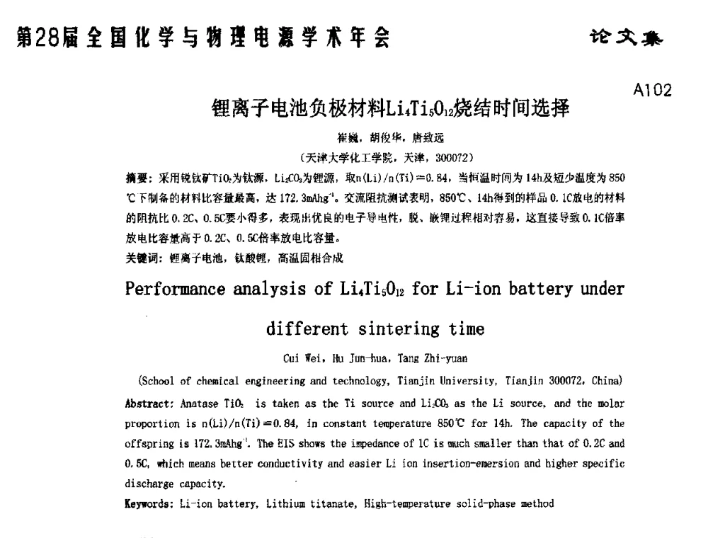 锂离子电池负极材料Li4Ti5O12烧结时间选择 - 第28届全国化学与物理电源学术年会