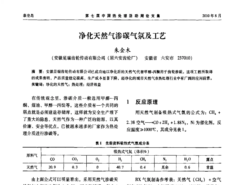 净化天然气渗碳气氛及工艺 - 第七届中国热处理活动周