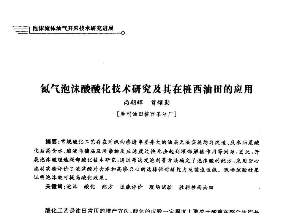 氮气泡沫酸酸化技术研究及其在桩西油田的应用 - 泡沫流体提高油气开采效率技术研讨会