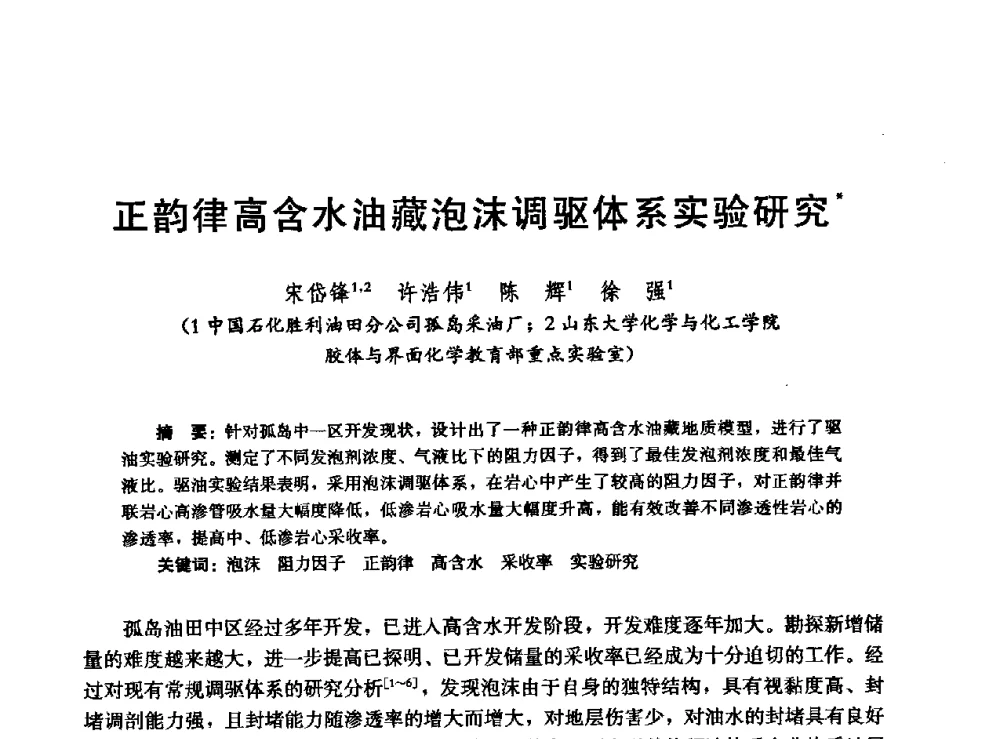 正韵律高含水油藏泡沫调驱体系实验研究 - 高含水储层剩余油分布研究学术研讨会