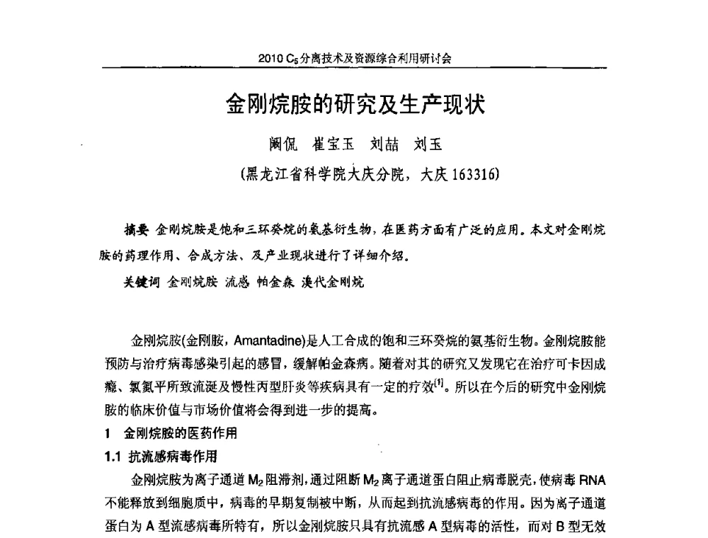 金刚烷胺的研究及生产现状 - 2010年C5分离技术及资源综合利用研讨会
