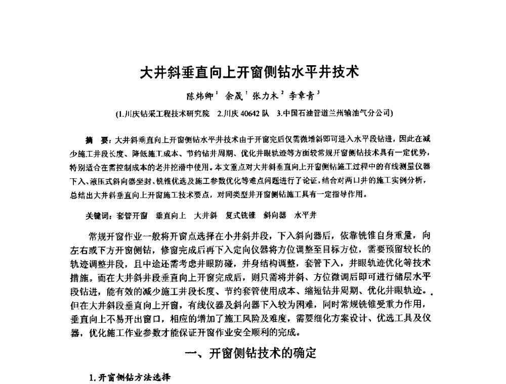 大井斜垂直向上开窗侧钻水平井技术 - 第十届石油钻井院所长会议