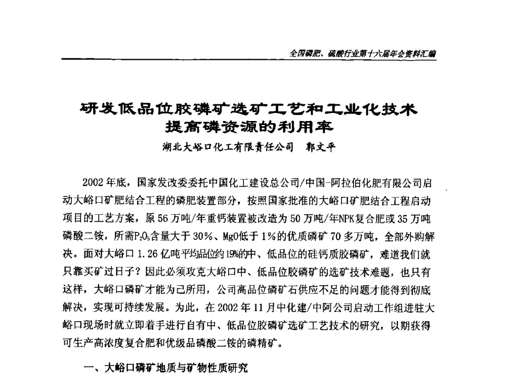 研发低品位胶磷矿选矿工艺和工业化技术提高磷资源的利用率 - 全国磷肥、硫酸行业第十六届年会
