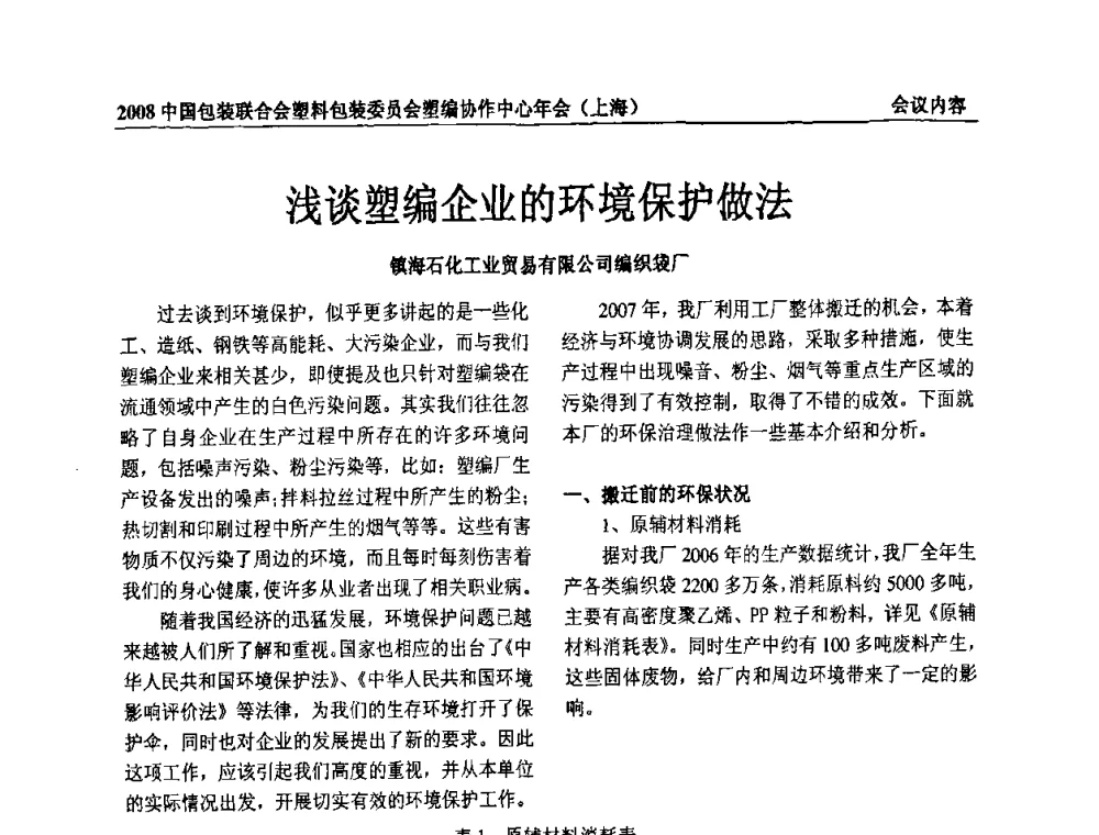 浅谈塑编企业的环境保护做法 - 2008中国包装联合会塑料制品包装委员会塑编行业协作中心年会
