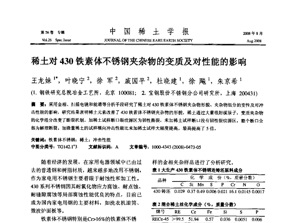 稀土对430铁素体不锈钢夹杂物的变质及对性能的影响 - 2008年全国冶金物理化学学术会议