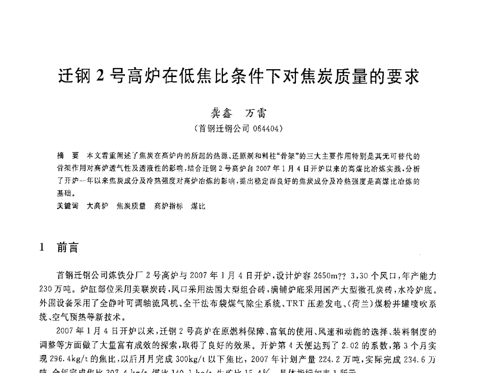 迁钢2号高炉在低焦比条件下对焦炭质量的要求 - 2008年全国炼铁生产技术会议暨炼铁年会