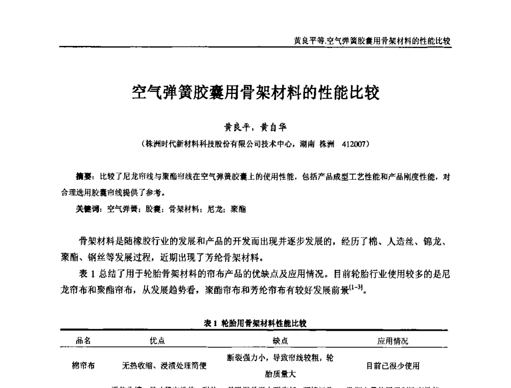 空气弹簧胶囊用骨架材料的性能比较 - “东海橡胶杯”第五届全国橡胶制品技术研讨会