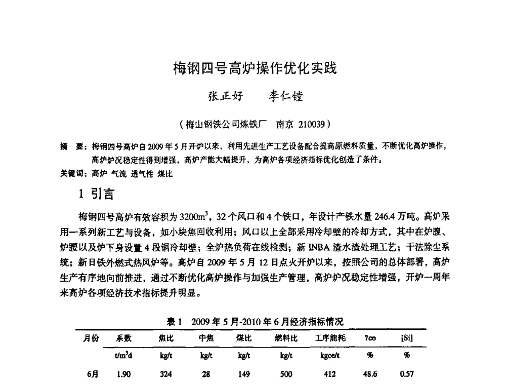 梅钢四号高炉操作优化实践 - 第十一届全国大高炉炼铁学术年会