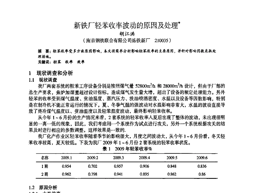 新铁厂轻苯收率波动的原因及处理 - 苏、鲁、皖、赣、冀五省金属学会第十五届焦化学术年会