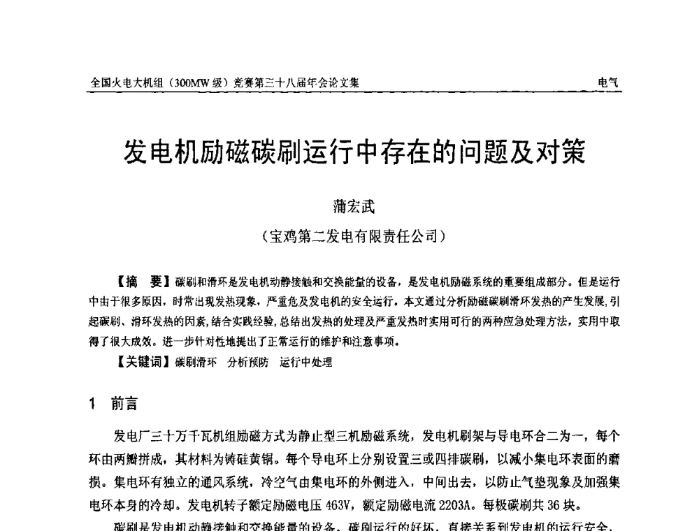 发电机励磁碳刷运行中存在的问题及对策 - 全国火电大机组(300MW级)竞赛第三十八届年会