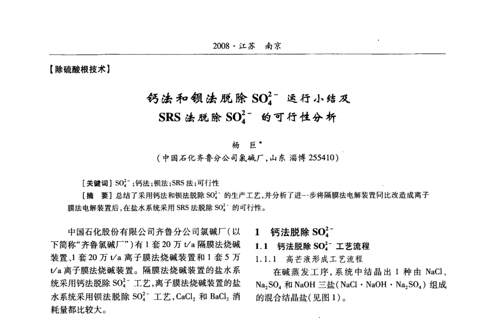 钙法和钡法脱除SO2-4运行小结及SRS法脱除SO2-4的可行性分析 - 第2届“中盐金坛”杯全国氯碱行业盐水精制技术交流会