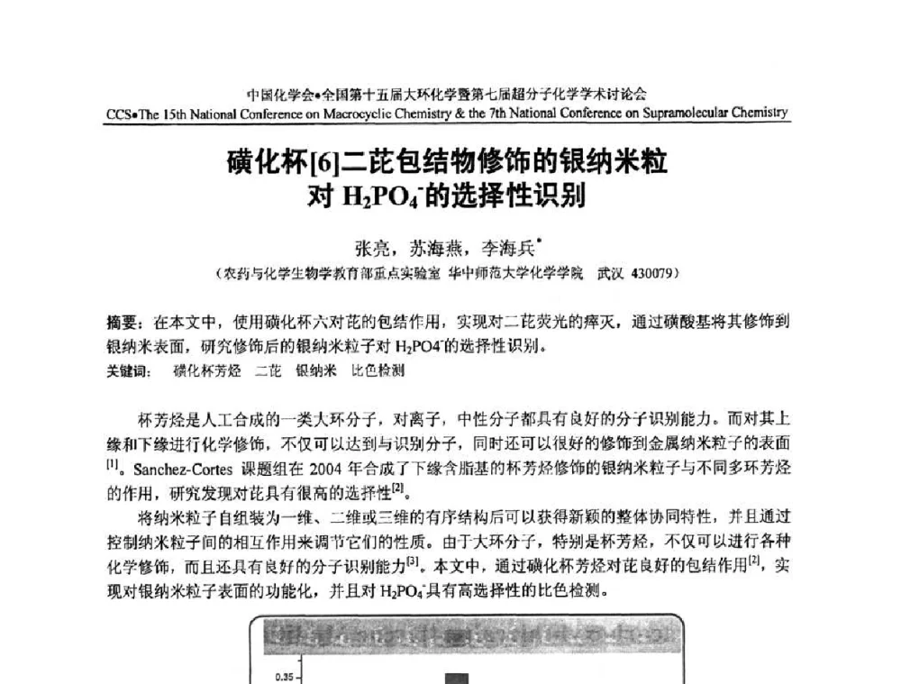 磺化杯二芘包结物修饰的银纳米粒对H2PO4-的选择性识别 - 全国第十五届大环化学学术讨论会暨全国第七届超分子化学学术讨论会