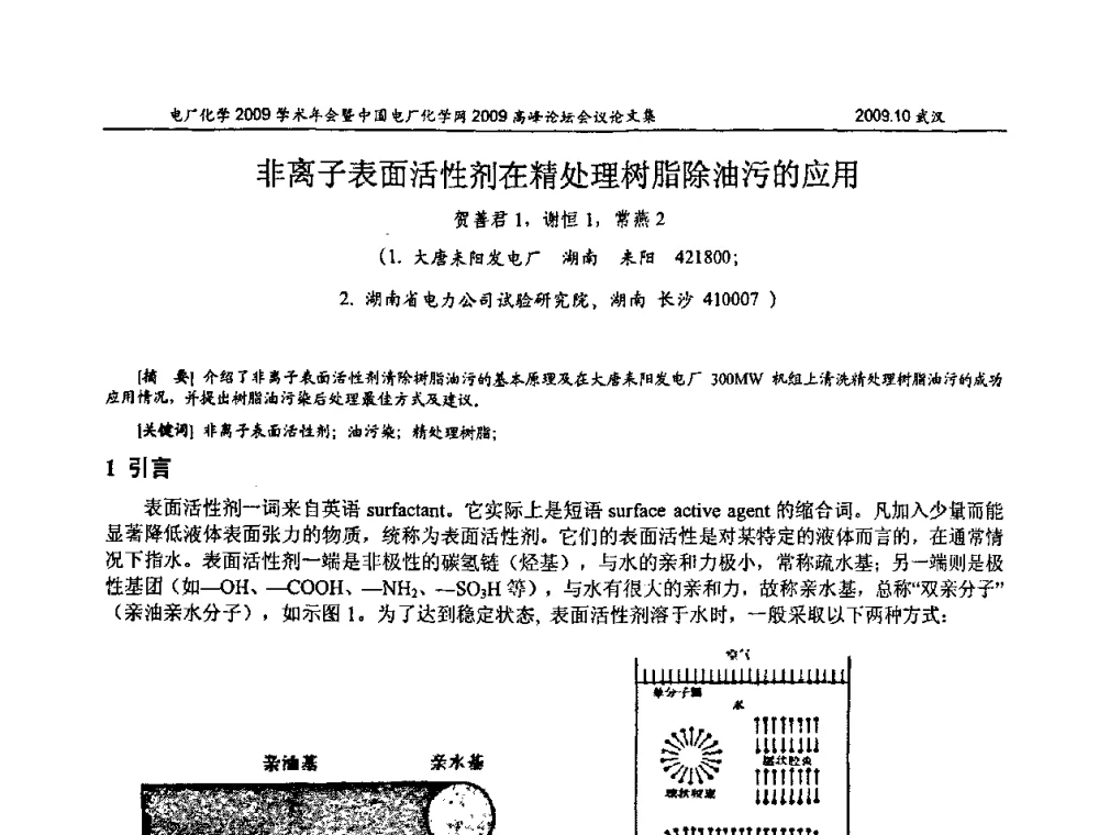 非离子表面活性剂在精处理树脂除油污的应用 - 电厂化学2009学术年会暨中国电厂化学网高峰论坛