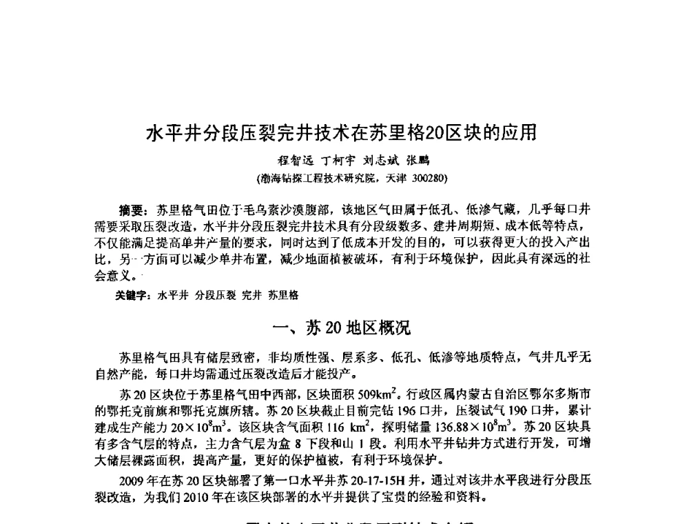 水平井分段压裂完井技术在苏里格20区块的应用 - 第十届石油钻井院所长会议