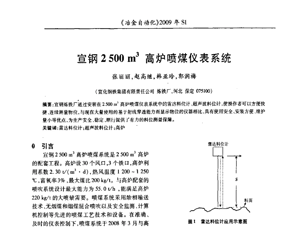 宣钢2 500 m3高炉喷煤仪表系统 - 全国冶金自动化信息网2009年会