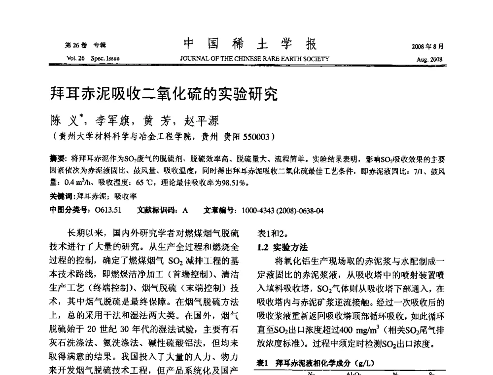 拜耳赤泥吸收二氧化硫的实验研究 - 2008年全国冶金物理化学学术会议