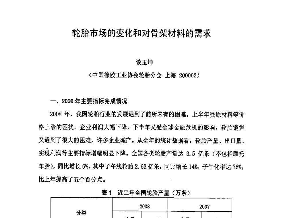 轮胎市场的变化和对骨架材料的需求 - 中国橡胶工业协会橡胶工业骨架材料中外技术论坛暨2009年度骨架材料专业委员会会员大会