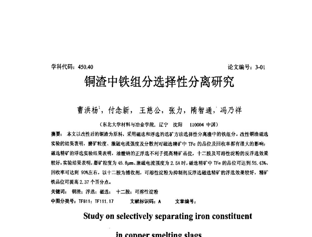 铜渣中铁组分选择性分离研究 - 2008年全国博士生学术论坛——能源与环境领域
