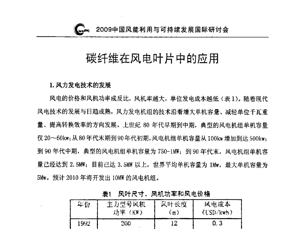 碳纤维在风电叶片中的应用 - 2009中国风能利用与可持续发展国际研讨会