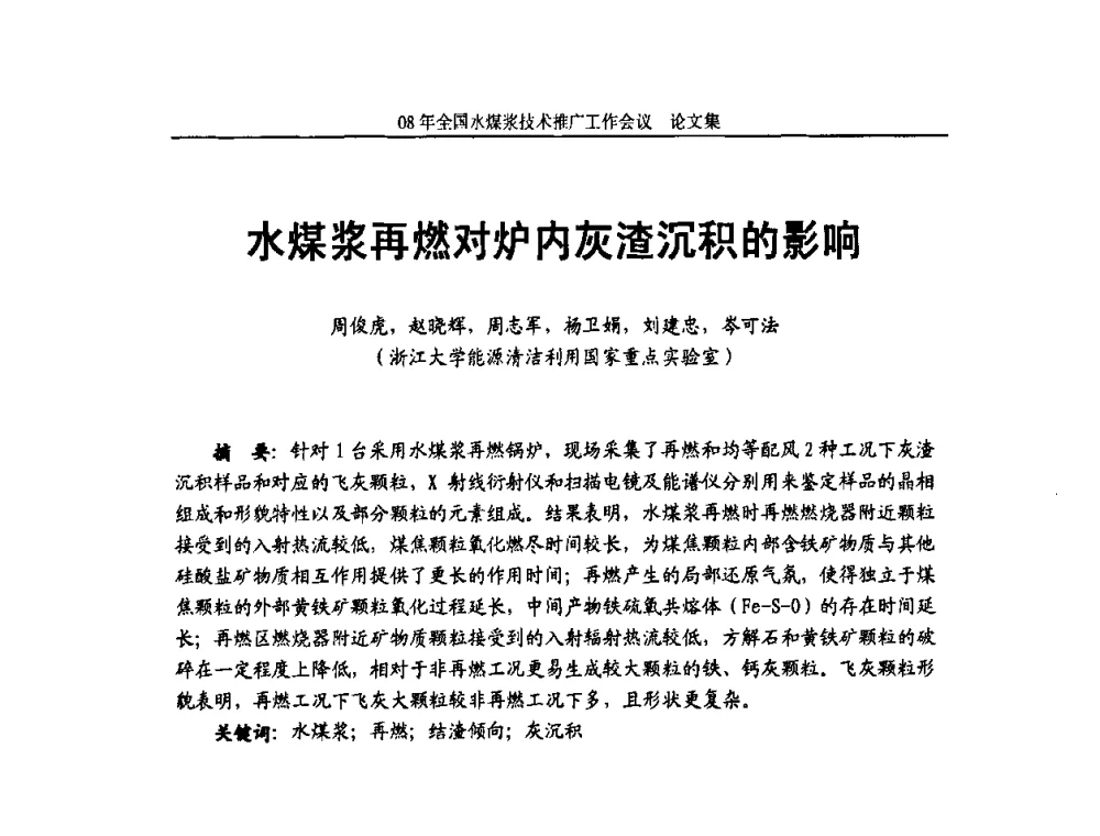 水煤浆再燃对炉内灰渣沉积的影响 - 2008年全国水煤浆技术推广工作会议