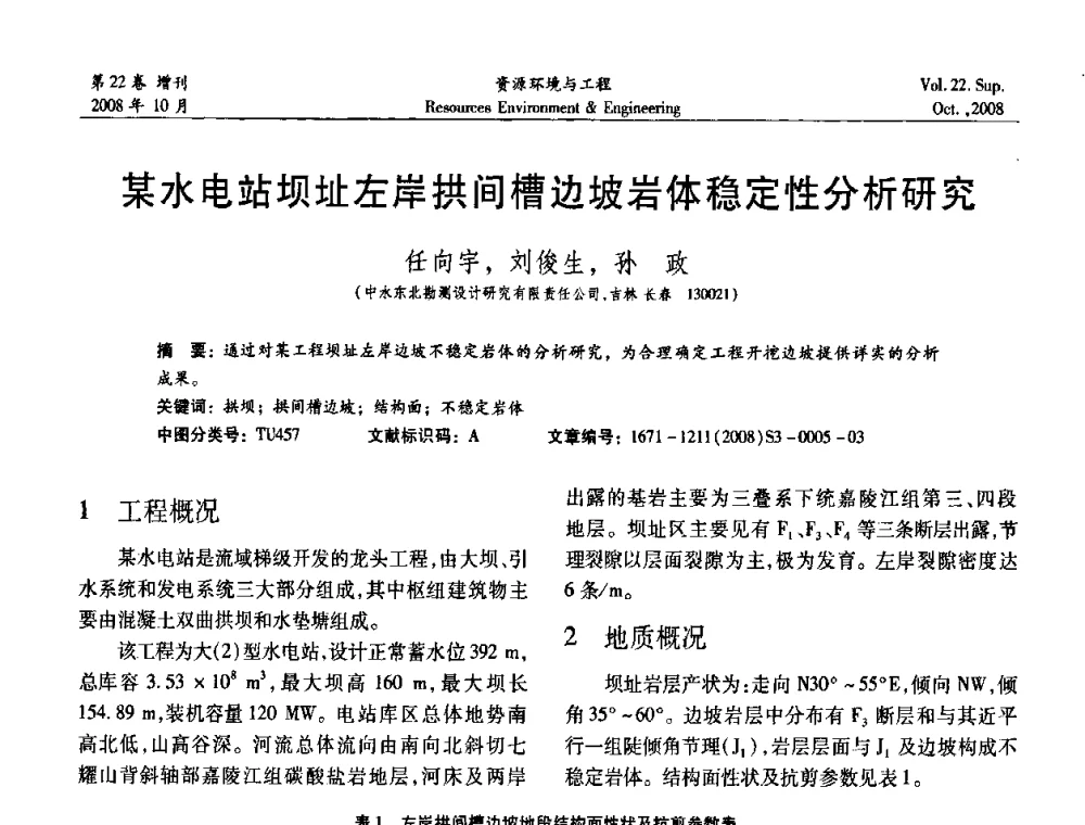 某水电站坝址左岸拱间槽边坡岩体稳定性分析研究 - 中国水利学会勘测专业委员会2008年学术年会