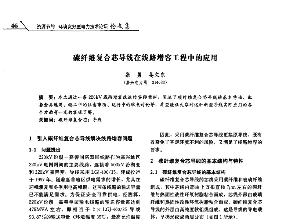 碳纤维复合芯导线在线路增容工程中的应用 - 2008浙江暨杭州市科协年会——资源节约 环境友好型电力技术论坛