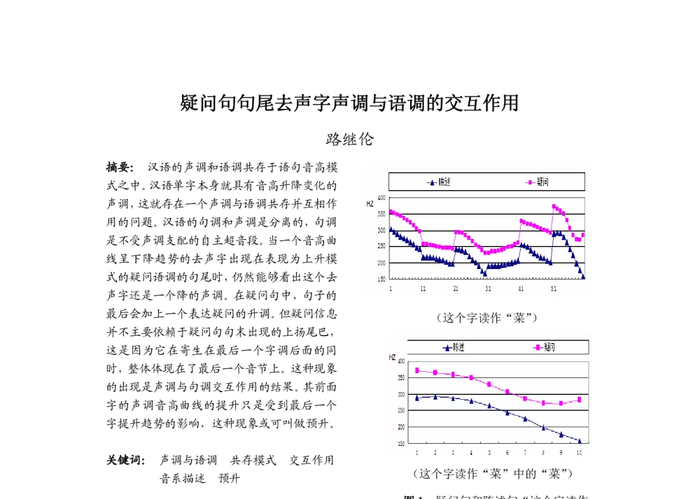 疑问句句尾去声字声调与语调的交互作用 - 第九届中国语音学学术会议