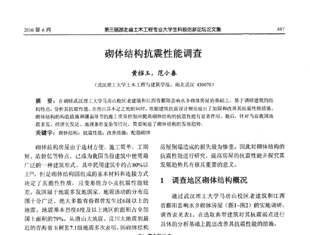 砌体结构抗震性能调查 - 第三届湖北省土木工程专业大学生科技创新论坛