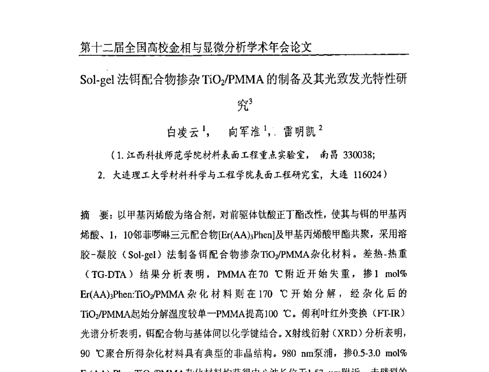 Sol-gel法铒配合物掺杂TiO2_PMMA的制备及其光致发光特性研究 - 第十二届全国高校金相与显微分析学术年会