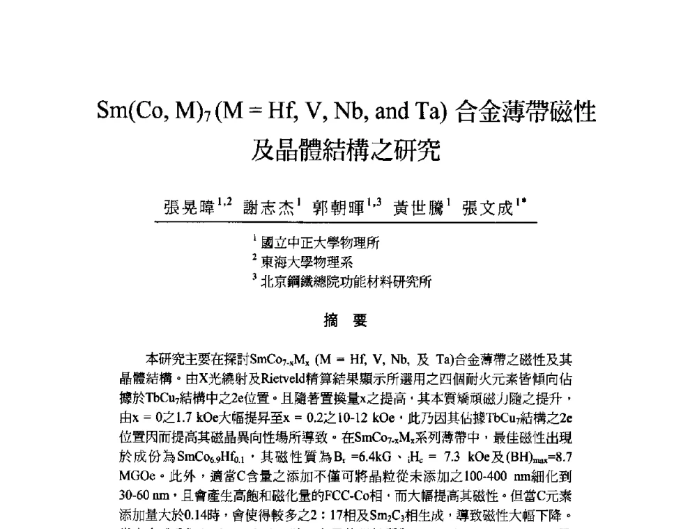 Sm(Co_M)7(M=Hf_V_Nb_and Ta)合金薄帶磁性及晶體結構之研究 - 2009海峡两岸粉末冶金学术研讨会