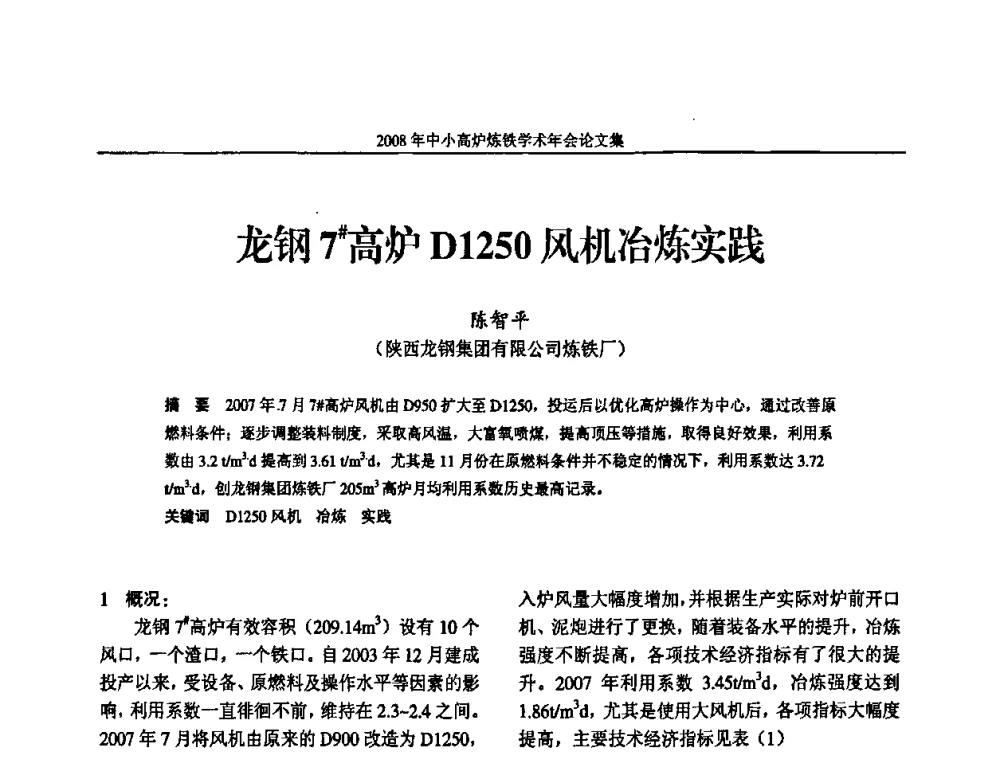 龙钢7＃高炉D1250风机冶炼实践 - 2008年中小高炉炼铁学术年会