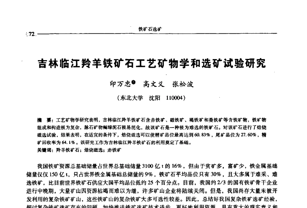 吉林临江羚羊铁矿石工艺矿物学和选矿试验研究 - 2009年全国选矿学术会议