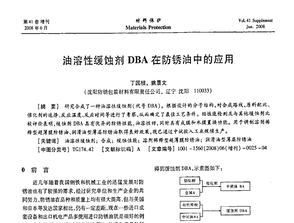 油溶性缓蚀剂DBA在防锈油中的应用 - 第十五届全国缓蚀剂学术会议、2008全国防锈技术交流年会联合大会