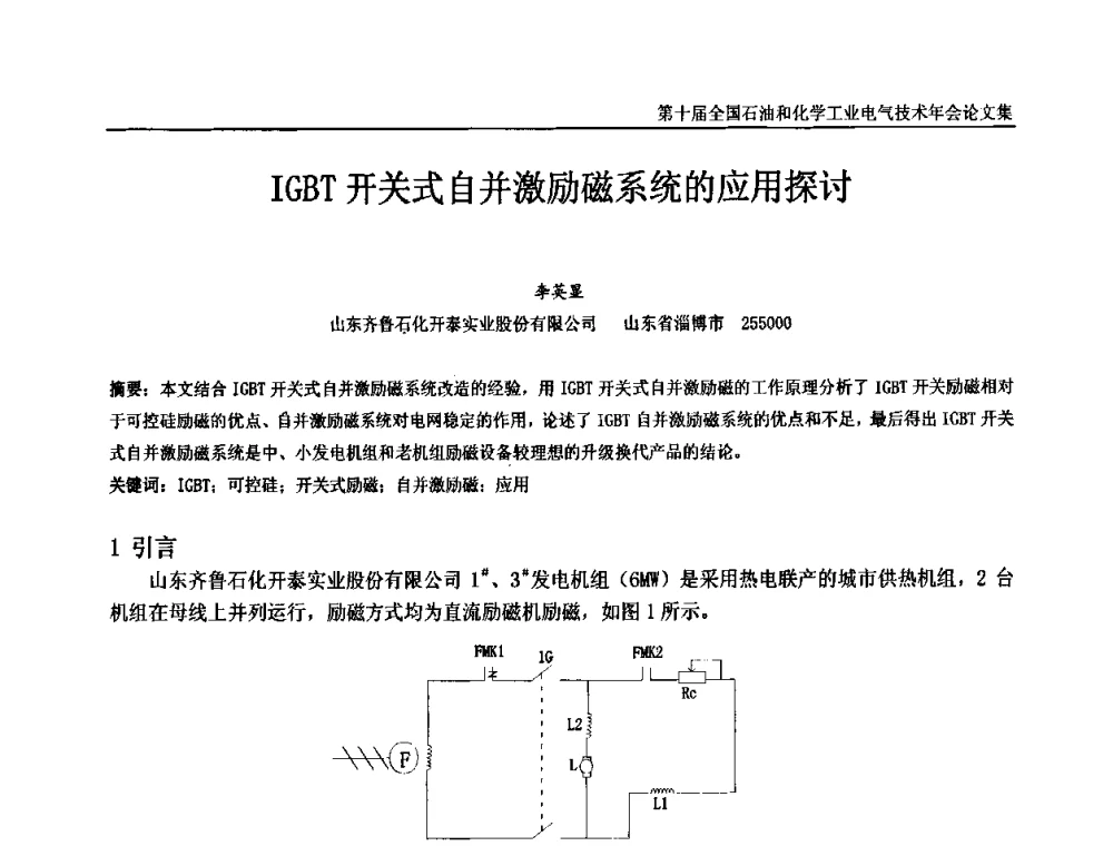 IGBT开关式自并激励磁系统的应用探讨 - 第十届全国石油和化学工业电气技术年会