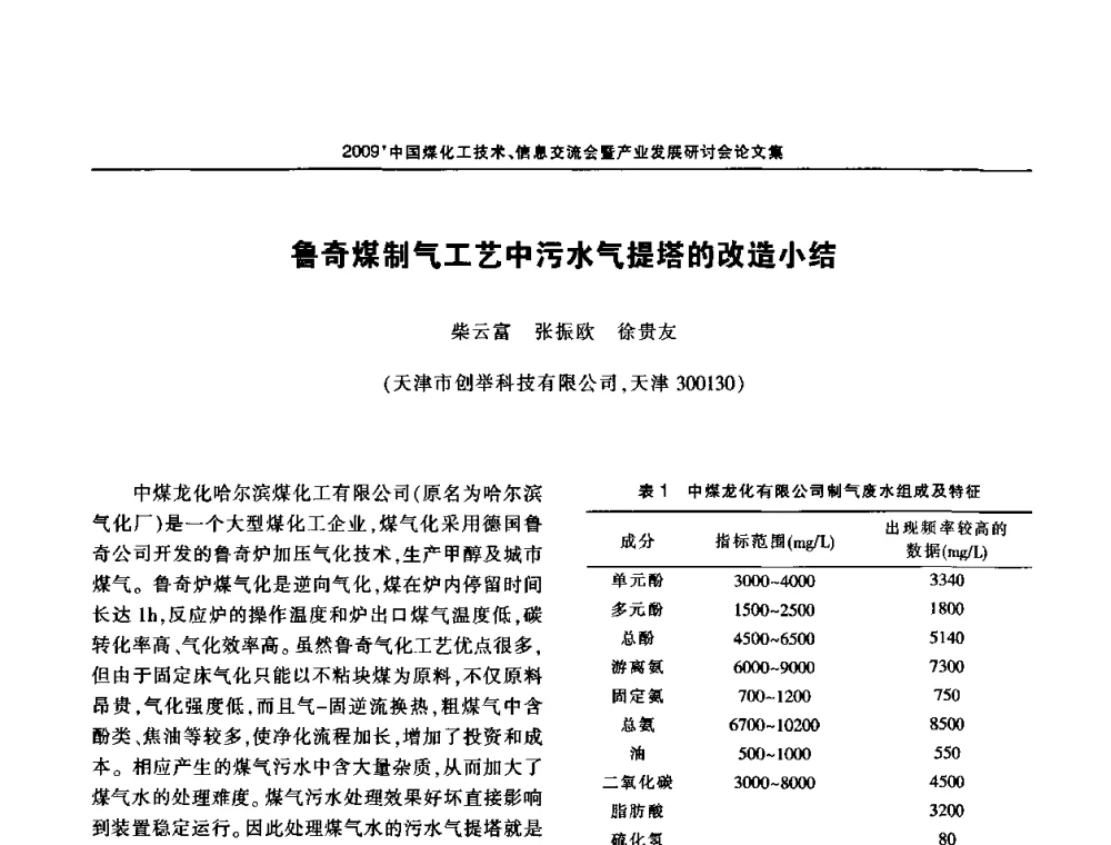 鲁奇煤制气工艺中污水气提塔的改造小结 - 2009中国煤化工技术、信息交流会暨产业发展研讨会