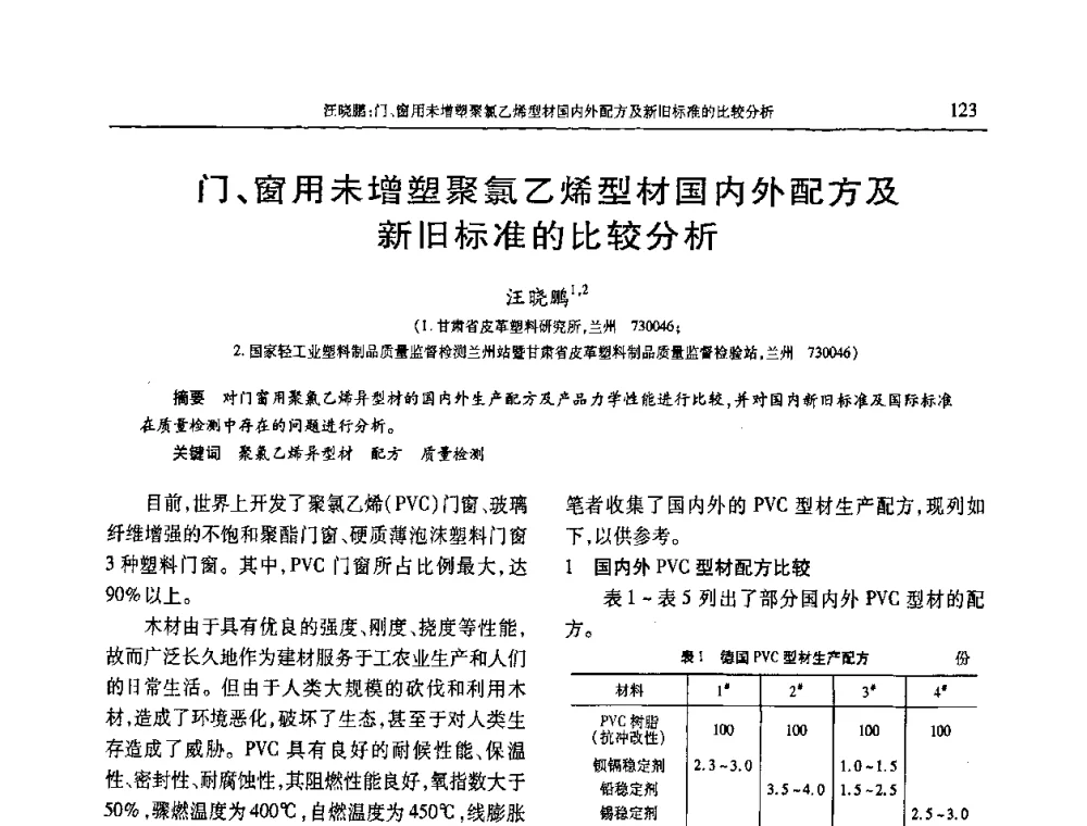 门、窗用未增塑聚氯乙烯型材国内外配方及新旧标准的比较分析 - 2010年中国工程塑料复合材料技术研讨会