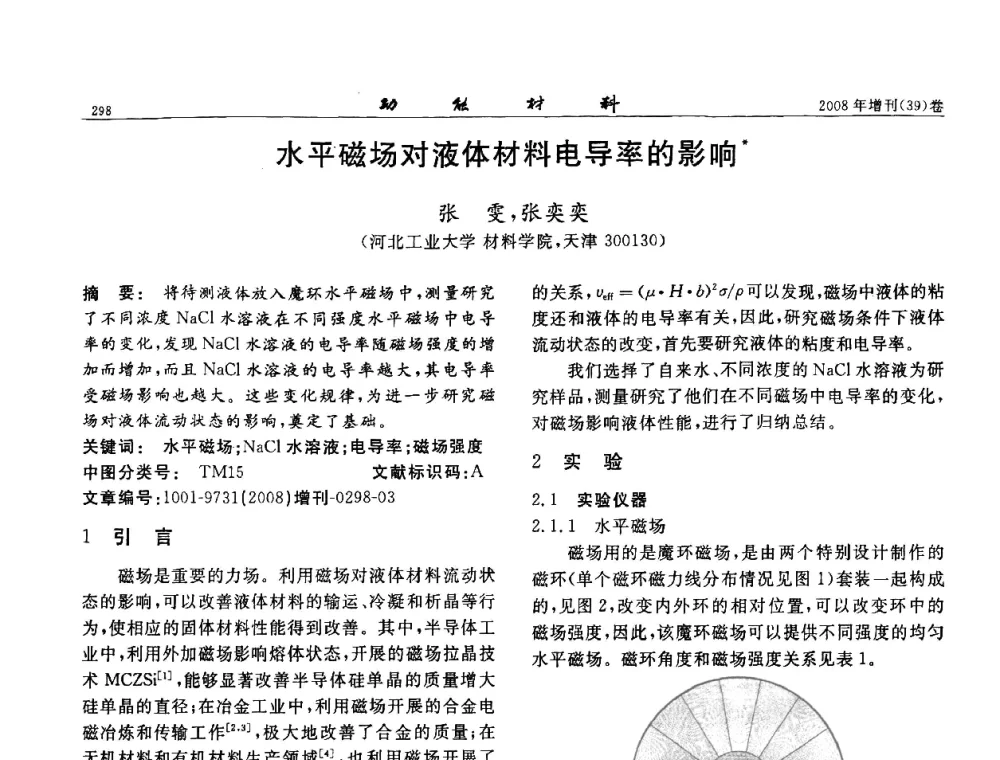 水平磁场对液体材料电导率的影响 - 二〇〇八全国功能材料科技与产业高层论坛