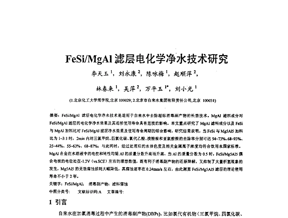 FeSi_MgAl滤层电化学净水技术研究 - 2009’水环境腐蚀与防护学术研讨会