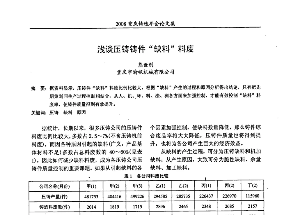 浅谈压铸铸件“缺料”料废 - 2008重庆市铸造年会、CMPI2008港台沪粤苏浙渝暨中西部压铸合作高峰论坛